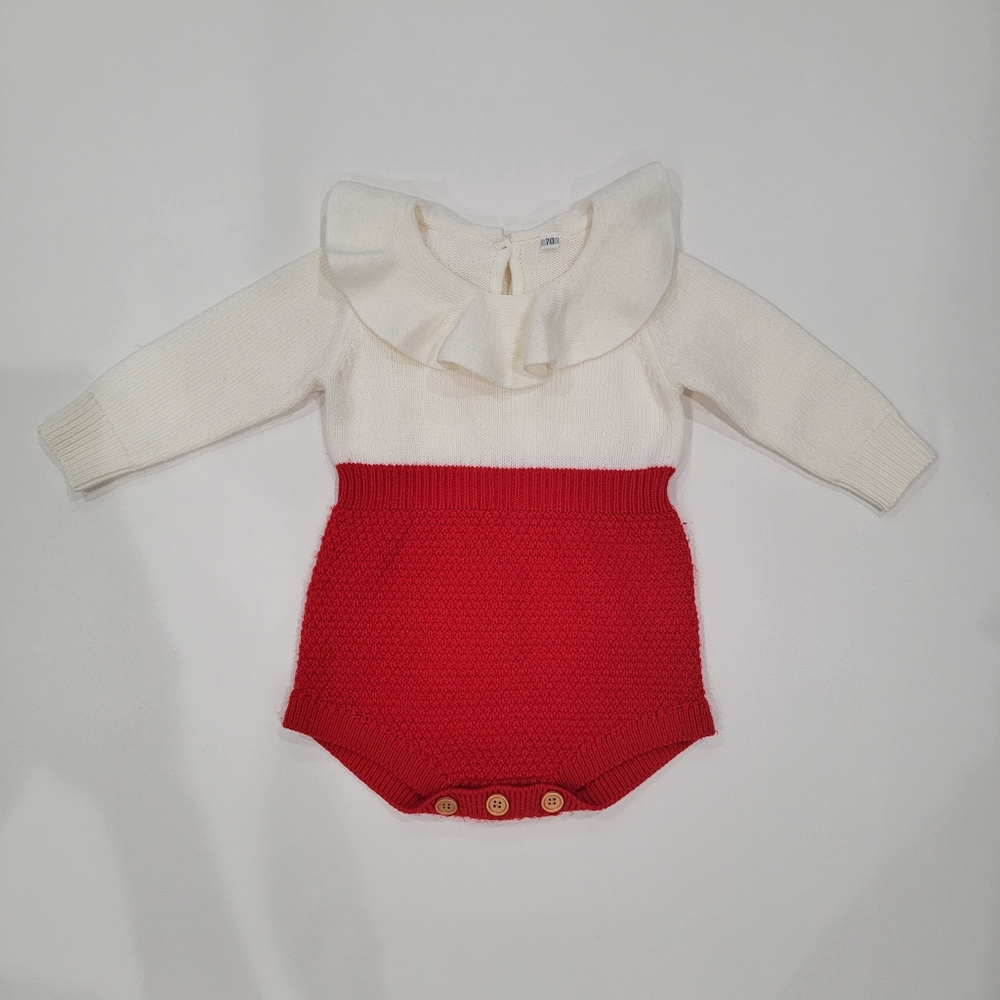 6-9M Cream & Red Ruffle Collar Knit Romper
